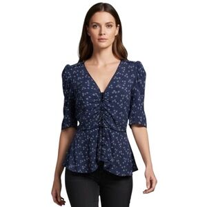 Veronica Beard Hayden Blue Floral Peplum Ruched Blouse Size 0